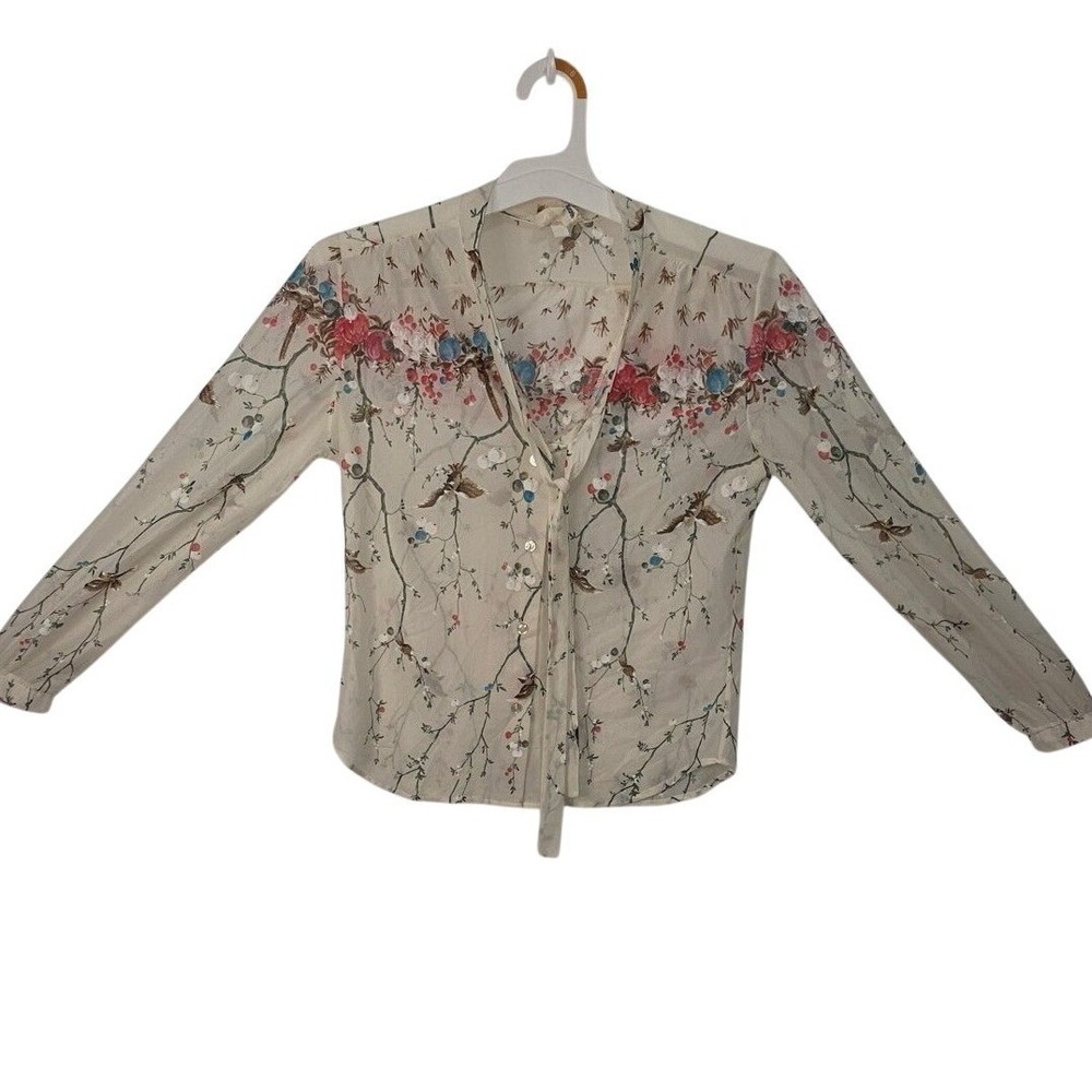 Vintage Cottagecore Sheer Floral Bird Print Tie Neck Blouse Cream Red Blue